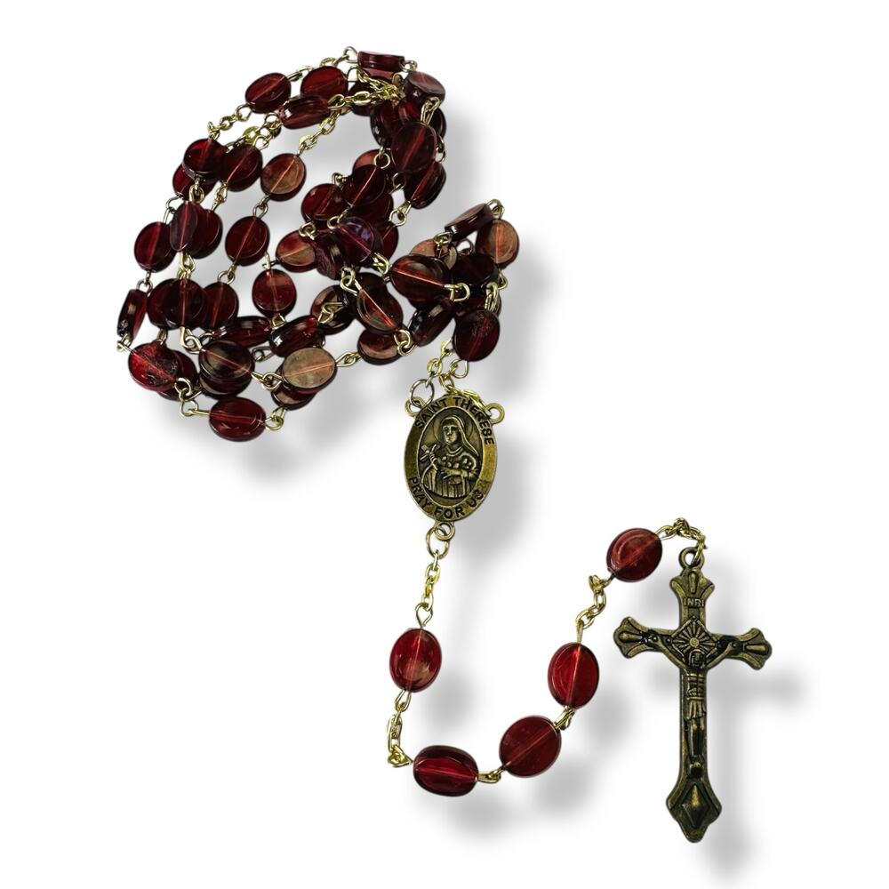 Vintage Rosary Necklace Red Flat Beads